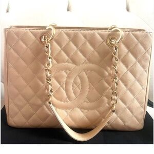 Chanel Caviar light Beige GST Quilted Leather Tote Bag Box and Dust Bag